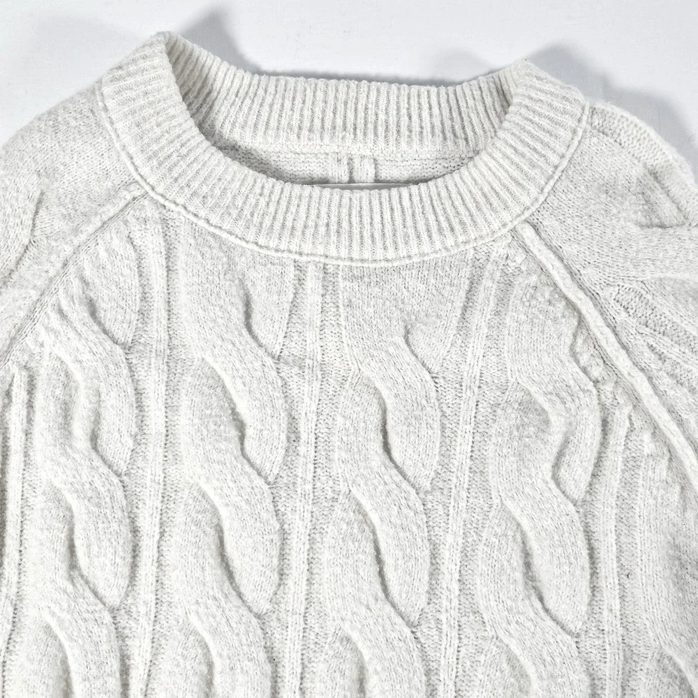 Aerie Womens Cream White Cable Knit Crew Neck Raglan Sweater Size Small